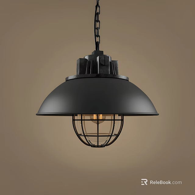 Industrial Style Black Metal Pendant Light With Dome Shade And Cage Design 3d model 