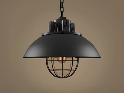 Industrial Style Black Metal Pendant Light With Dome Shade And Cage Design 3d model