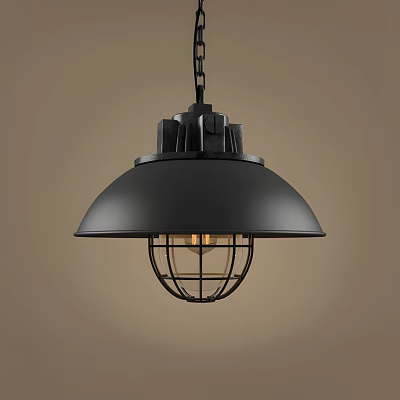 Industrial Style Black Metal Pendant Light With Dome Shade And Cage Design 3d model