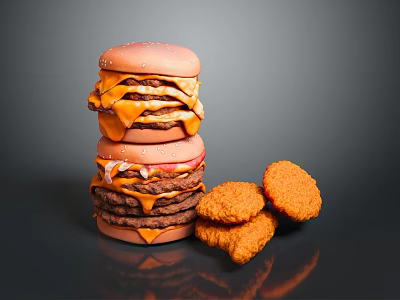 Stacked Juicy Hamburgers With Melted Cheese And Crispy Fried Chicken Nuggets 3d model