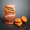 Stacked Juicy Hamburgers With Melted Cheese And Crispy Fried Chicken Nuggets