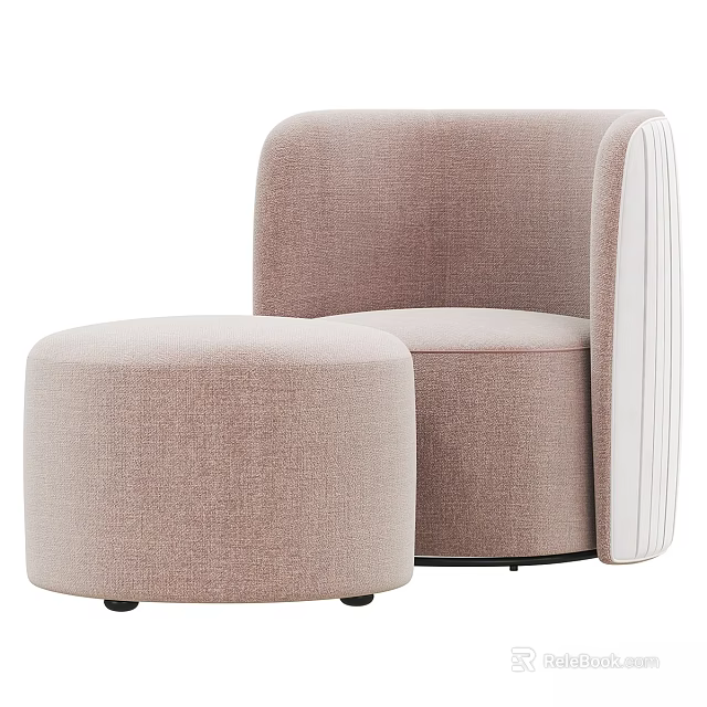 Modern Light Brown Fabric Leisure Chair With Round Ottoman And White Side Stripes 3d model 