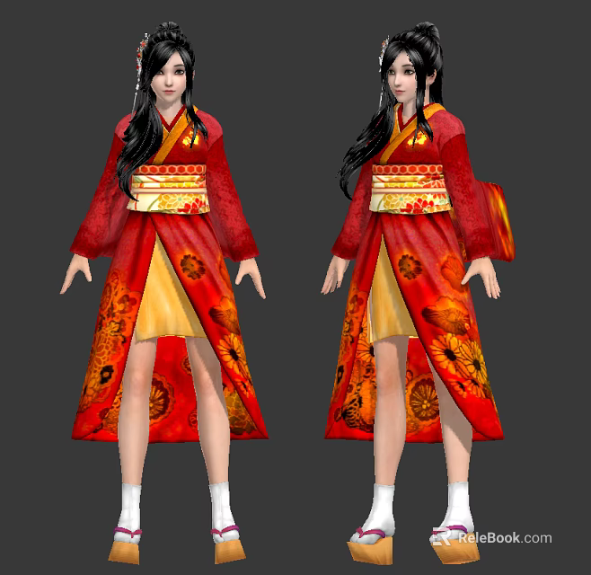 Anime Game Character in Red and Yellow Traditional Robe with Floral Patterns and White Socks 3d model 