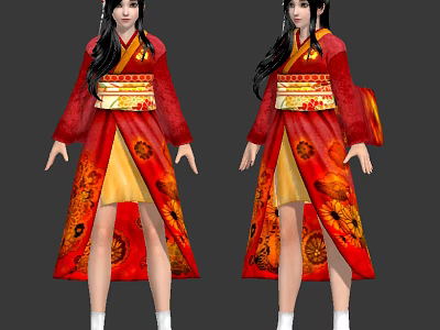 Anime Game Character in Red and Yellow Traditional Robe with Floral Patterns and White Socks 3d model