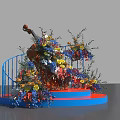 Colorful Photo Check In Spot With Blue Railings Red Platform Decorative Sculpture And Flowers