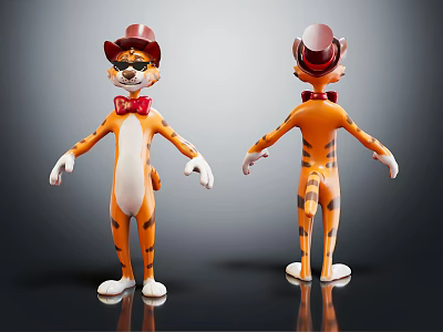 Cartoon Tiger Character Wearing Red Hat Bow Tie Front Back Views Striped Outfit 3d model
