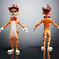 Cartoon Tiger Character Wearing Red Hat Bow Tie Front Back Views Striped Outfit
