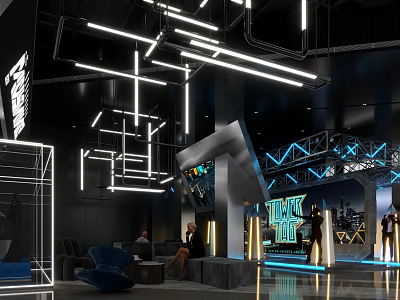 Modern Venue Interior With Geometric Lights Neon Decor And Seating 3d model