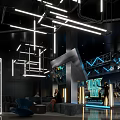 Modern Venue Interior With Geometric Lights Neon Decor And Seating