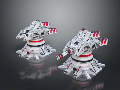 Future Tech Scenery Featuring Silver Red Mechanical Structures On Dark Reflective Background 3d model