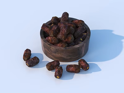Fresh Natural Dates in Wooden Bowl with Some Scattered Around 3d model