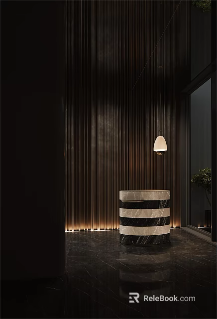 Elegant Store Front Desk Featuring Dark Wooden Wall Circular Marble Striped Design And Hanging Lamp 3d model 