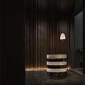 Elegant Store Front Desk Featuring Dark Wooden Wall Circular Marble Striped Design And Hanging Lamp