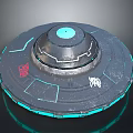 Futuristic UFO Spaceship Design For Cosmic Exploration With Blue Glowing Edges And Symbols