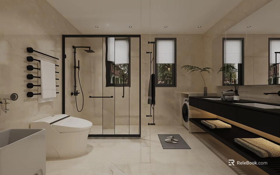 Modern Bathroom Interior With Glass Shower White Toilet Black Vanity Large Mirror And Washing Machine 3d model 