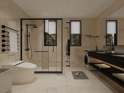Modern Bathroom Interior With Glass Shower White Toilet Black Vanity Large Mirror And Washing Machine 3d model