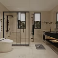 Modern Bathroom Interior With Glass Shower White Toilet Black Vanity Large Mirror And Washing Machine