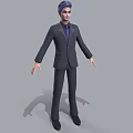 3D Model Man Wearing Suit with Blue Hair and Purple Tie Standing Against Gray Background