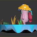 Cute Pink Cartoon Creature With Yellow Mushroom Hat Holding Cane On Platform With Colorful Stones And Grass