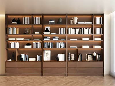 Modern Wooden Bookcase Interior With Books Decorative Vases Photo Frames And Drawers 3d model
