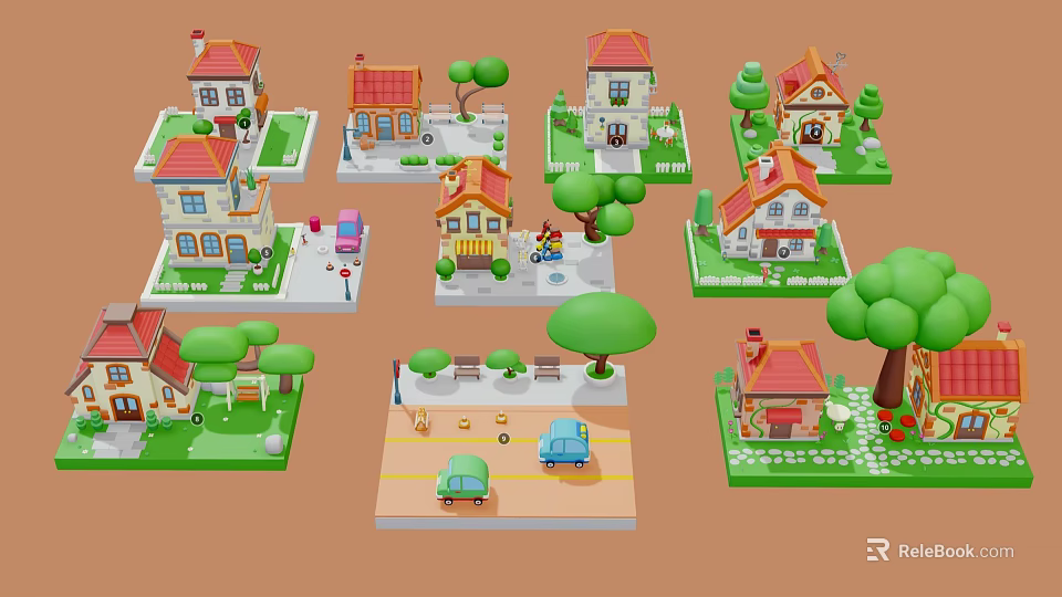 Miniature Cartoon Style Small Houses with Various Colored Roofs Green Trees Cars and Benches 3d model 