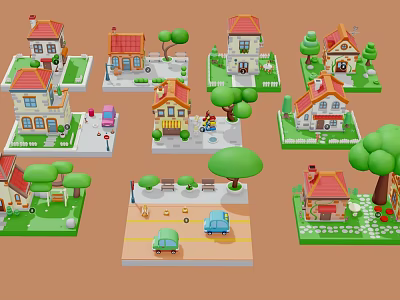 Miniature Cartoon Style Small Houses with Various Colored Roofs Green Trees Cars and Benches 3d model