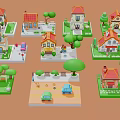 Miniature Cartoon Style Small Houses with Various Colored Roofs Green Trees Cars and Benches
