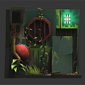 Cartoon Scene of Abandoned Deck Gate 02 with Red Sphere Green Door and Plants