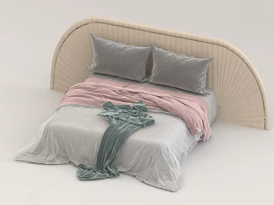 Modern Double Bed With Curved Light Beige Headboard Gray Pillows And Blankets 3d model