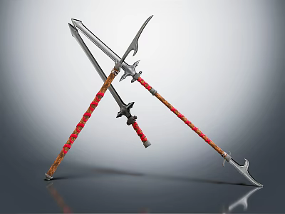 Crossed Swords With Red Wrapped Handles And Metal Blades On Gray Surface 3d model