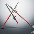 Crossed Swords With Red Wrapped Handles And Metal Blades On Gray Surface