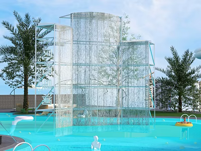 Modern Pool Area With Glass Water Curtain Structure And Surrounding Palm Trees 3d model