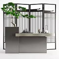 Modern Oriental Entryway Console Table Design With Grid Screen And Potted Pine Tree 3d model