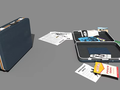 Organizing Daily Essentials in an Open Blue Suitcase with Documents and Cards 3d model