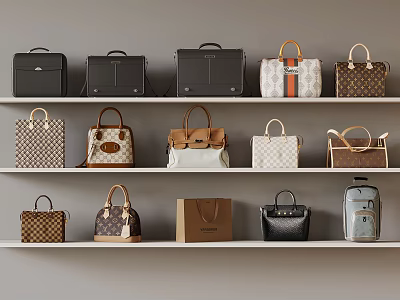 Various Elegant Bags and Luggage Neatly Displayed with Different Patterns on Shelves 3d model