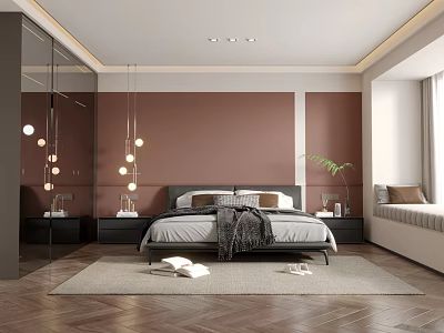 Modern Bedroom Interior With Brown Walls Hanging Pendant Lights Herringbone Floors Nightstands And Window Bench 3d model