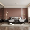 Modern Bedroom Interior With Brown Walls Hanging Pendant Lights Herringbone Floors Nightstands And Window Bench