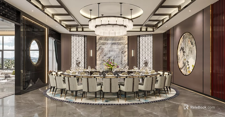 Luxurious Private Dining Room With Round Table And Chandelier 3d model