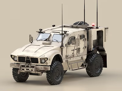 Light Gray Military Armored Vehicle With Antennas Warning Light And Large Tires 3d model