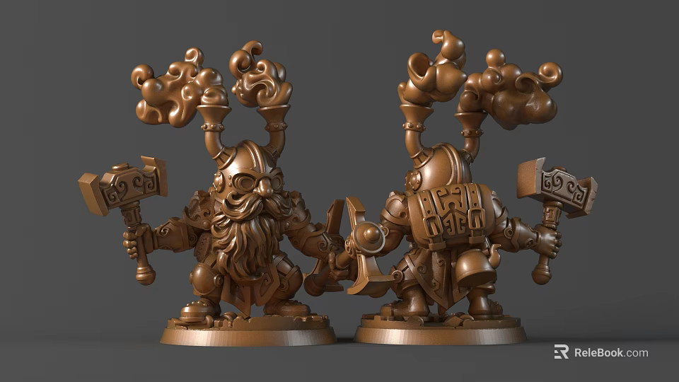 Bronze Colored Dwarf Sculptures With Horned Bearded Faces Hammers And Cloud Like Decorations On Pedestals 3d model 