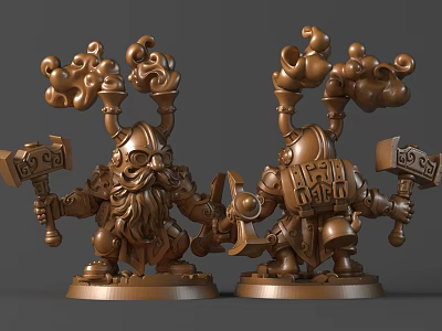 Bronze Colored Dwarf Sculptures With Horned Bearded Faces Hammers And Cloud Like Decorations On Pedestals 3d model