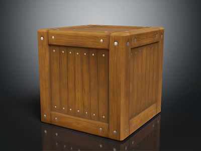 Wooden Cube Shaped Storage Box With Striped Planks And Metal Rivets 3d model