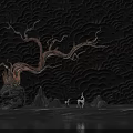 Sculpture Carving with Twisted Trunk Stone Small Hills and White Deer on Black Wavy Wall