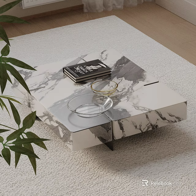 Modern Sofa And Coffee Table Set With Marble Top Decorative Items Green Plant On Rug 3d model 