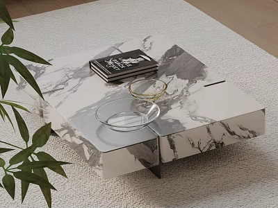 Modern Sofa And Coffee Table Set With Marble Top Decorative Items Green Plant On Rug 3d model