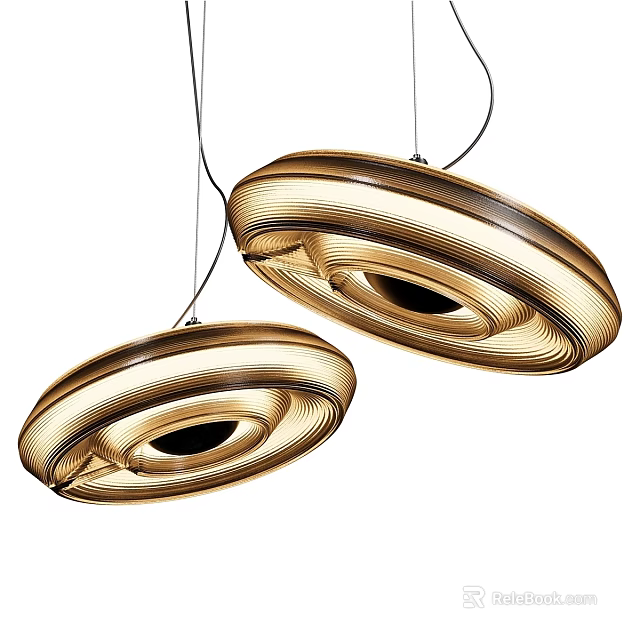 Two Golden Modern Circular Chandeliers Featuring Spiral Texture Hanging Light Design 3d model