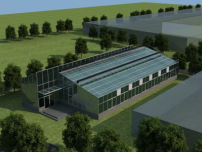 Modern Industrial Factory Building With Glass Roof And Walls In Green Area Surrounded By Trees 3d model