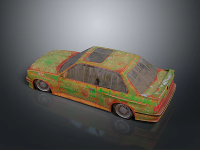 Vintage Rusted Green And Yellow Car With Broken Windows And Old Tires 3d model
