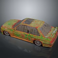 Vintage Rusted Green And Yellow Car With Broken Windows And Old Tires