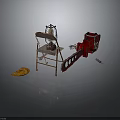 Vintage Chair With Metal Lantern Red Mechanical Device Pancake And Long Tool